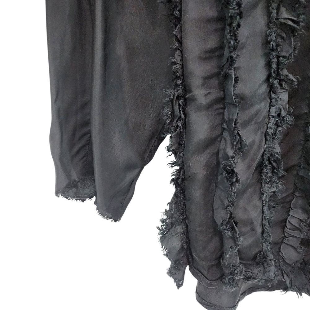 Women's Vintage Ruffle Button Front Long Sleeves Flowy Satin Shirt - Picture 3 of 6